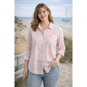 BeachLunchLounge Pink Stripe Button Down Shirt Cotton Relaxed Coastal Preppy